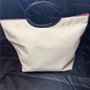 INC International Concepts Beige Tote Bag Round Black Handles Pink Lining